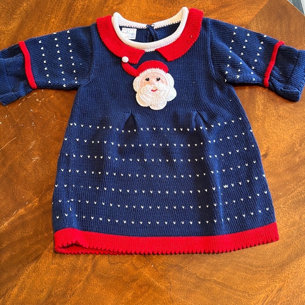 Melange handmade knit bell sleeve, collared Christmas Dress with Santa detail